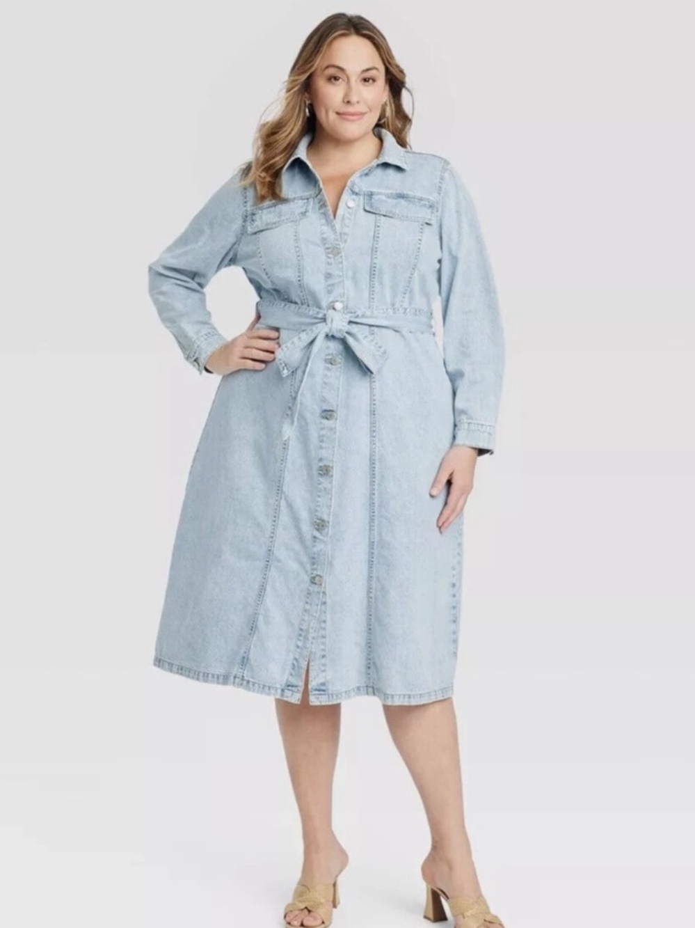 Ava & Viv Light Wash Denim Midi Shirt Dress